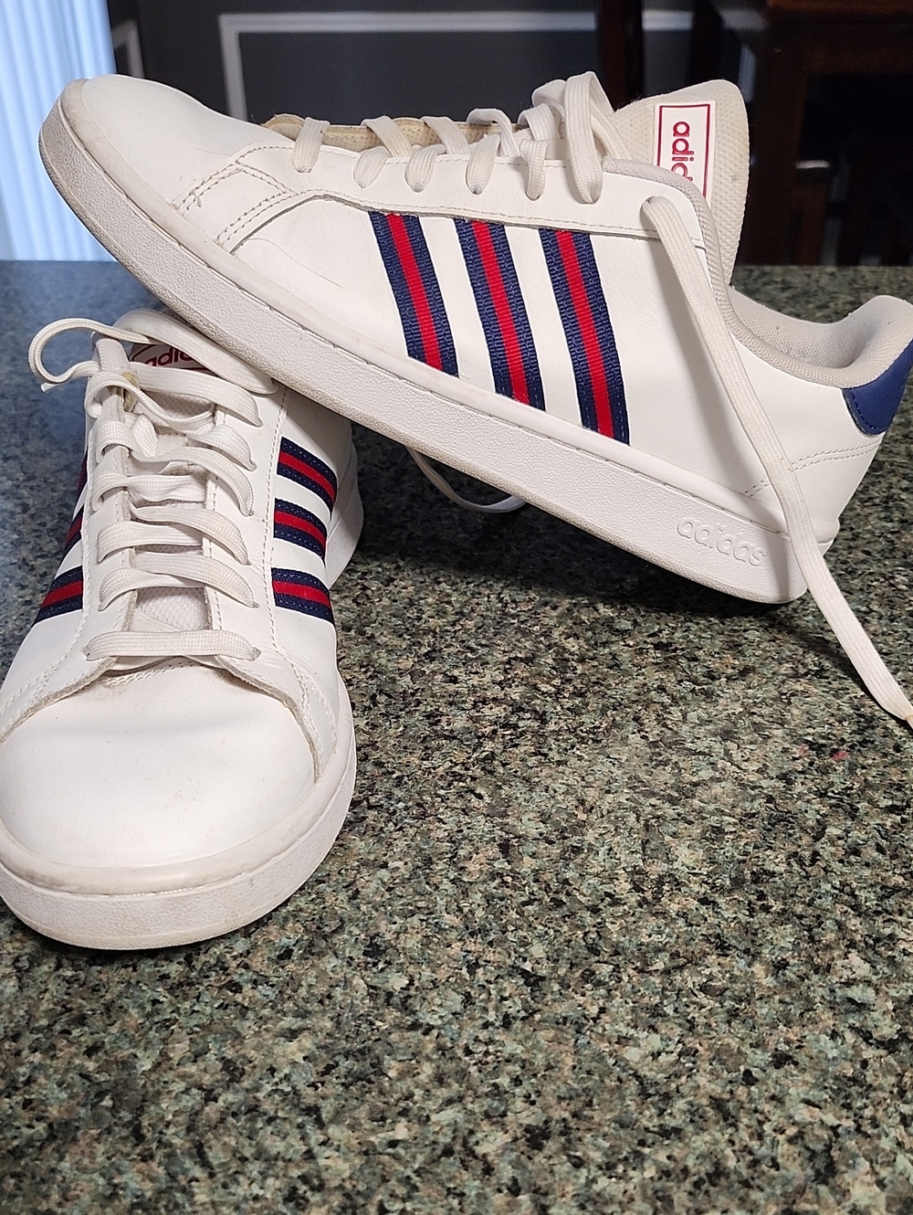 adidas White Sneakers with Blue & Red Stripes